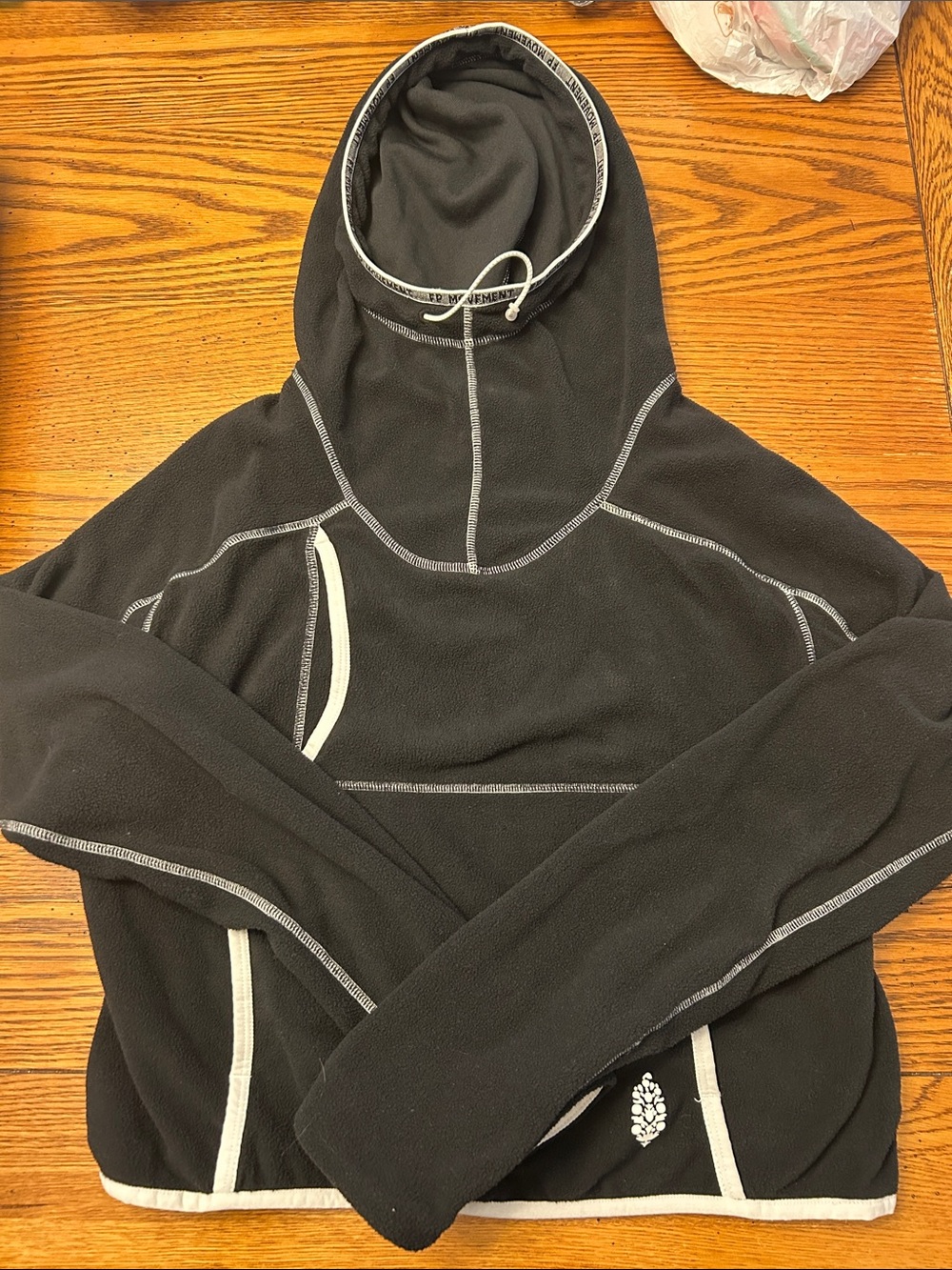FP Movement by Free People Black Fleece Pullover Hoodie with White Trim